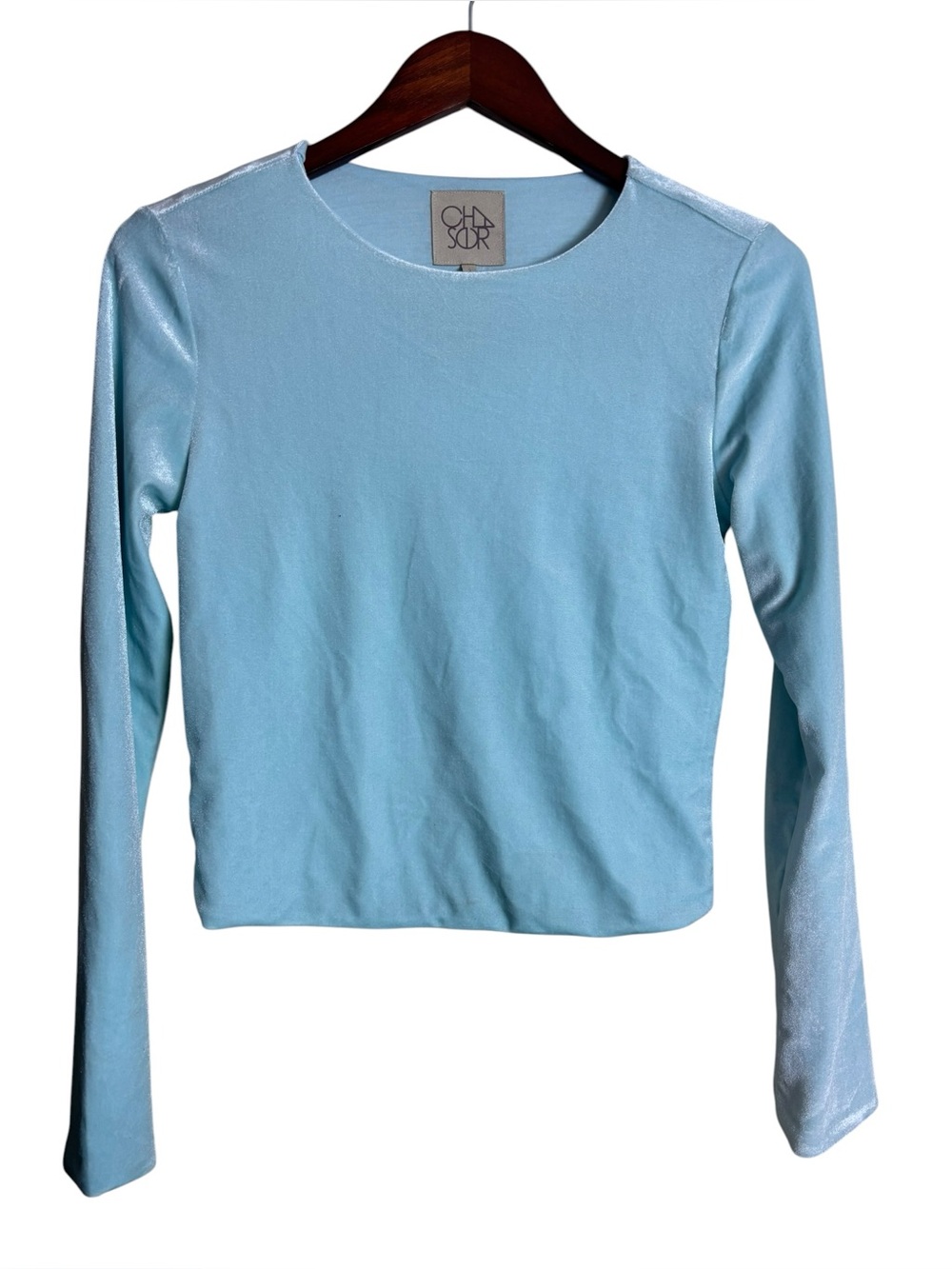 Chaser Ice Blue Long Sleeve Cropped Velvet Top Size Small FLAW Torn Lining